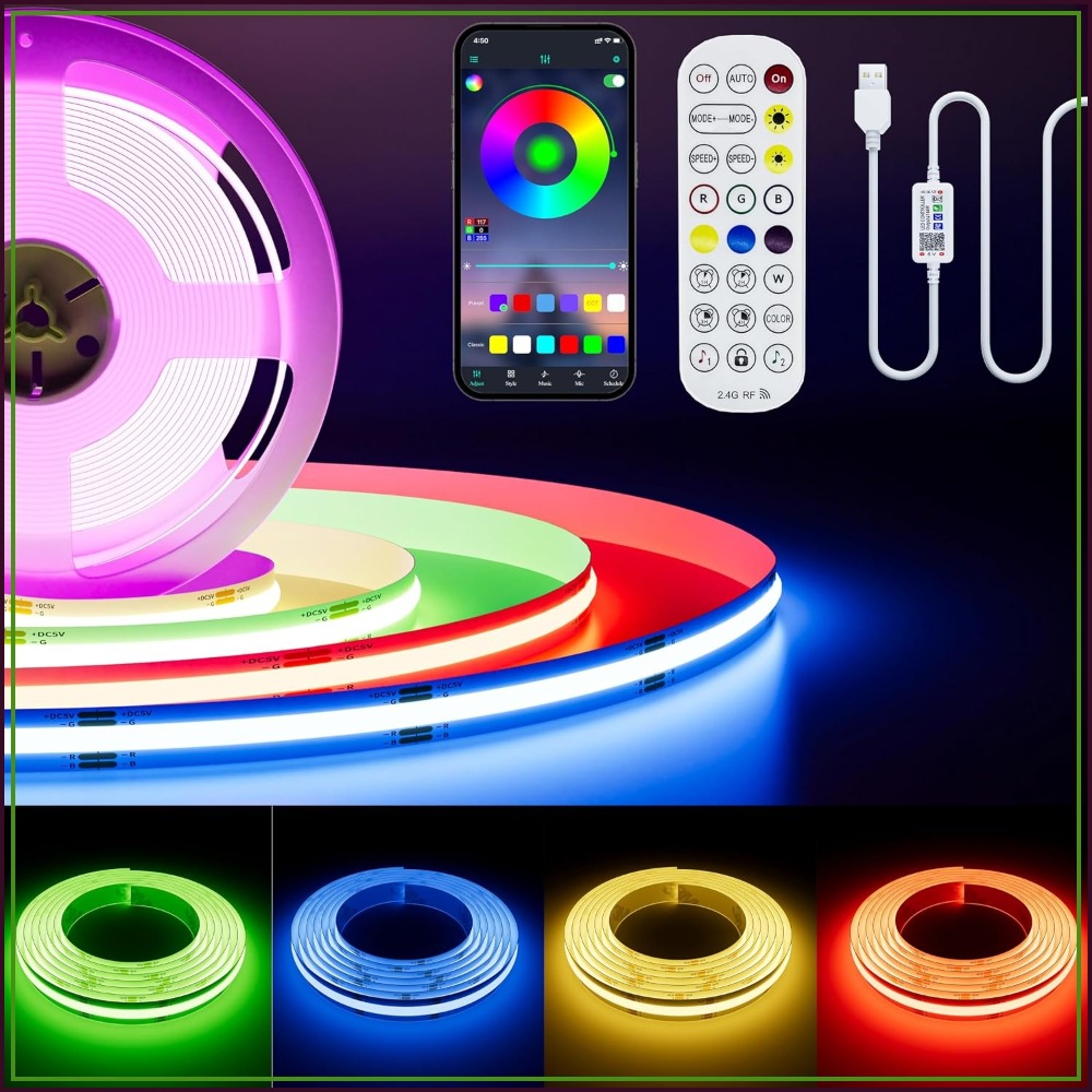 Led Strip Lights - 5V USB COB RGB LEDストリップライト 1.5m、1224個のLED、Bluetooth＆RFリモコン、メモリ機能、家庭用DIY向けフレキシブルTVバックライト