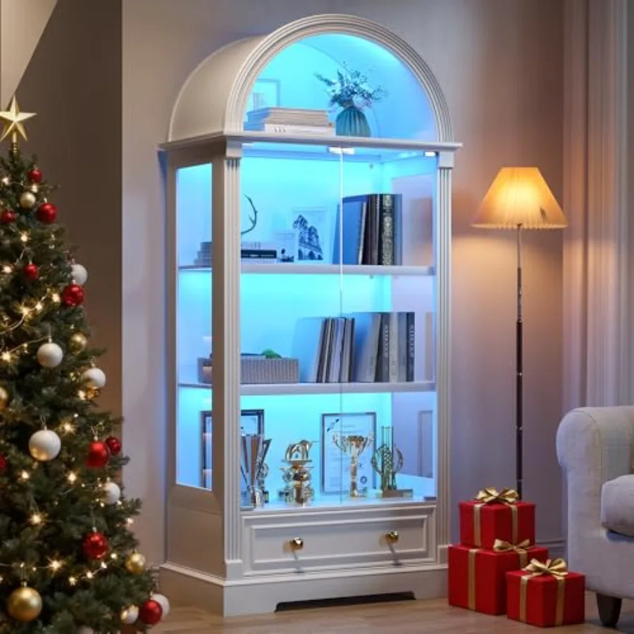 リビングルーム用の、ガラス扉とLEDライト付きの飾り棚。木目 - Cabinet Hinges のレビューと価格