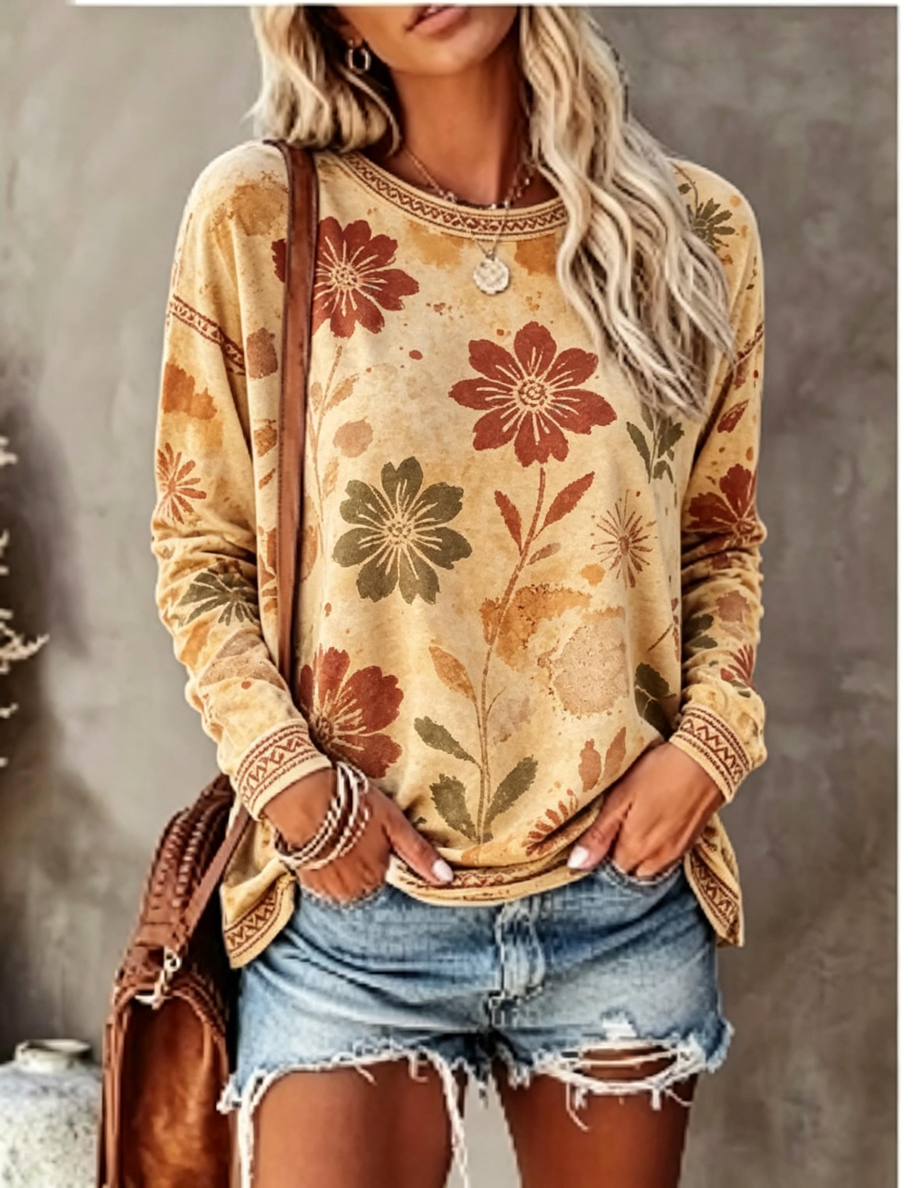 レディースクルーネック長袖Tシャツ、ヴィンテージフローラルロ - Wallpaper のレビューと価格